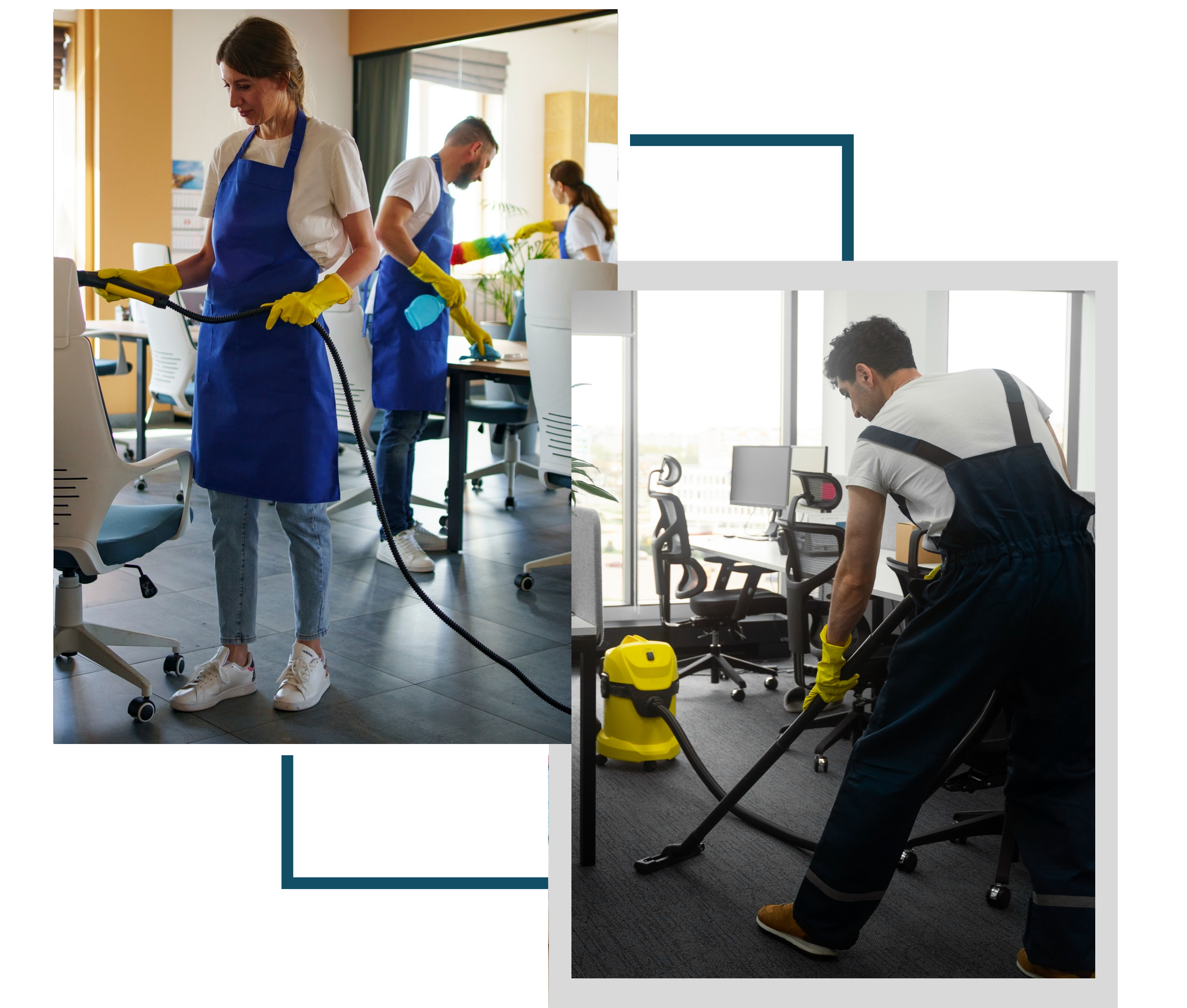 Office cleaning staff vacuuming and sanitizing.